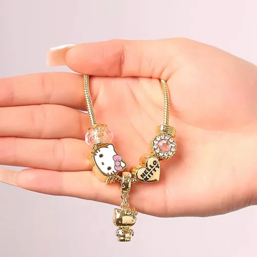 Hello Kitty 7'' Fashion Charm Bead Bracelet with Pink and Gold Tone Enamel Beads